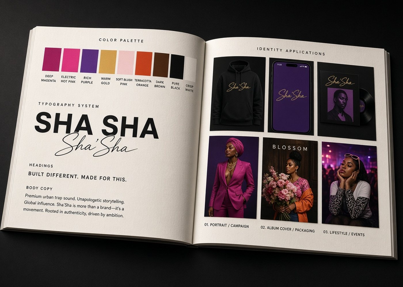 A brand guidelines book open on its colour palette, typography system and identity applications.