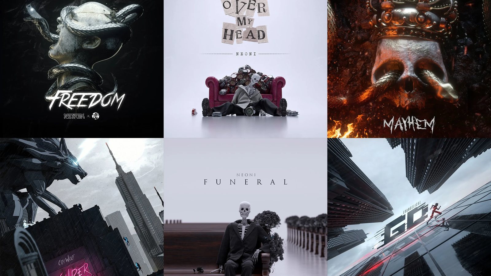 Six release covers from the same artist, laid out side by side as one visual system.