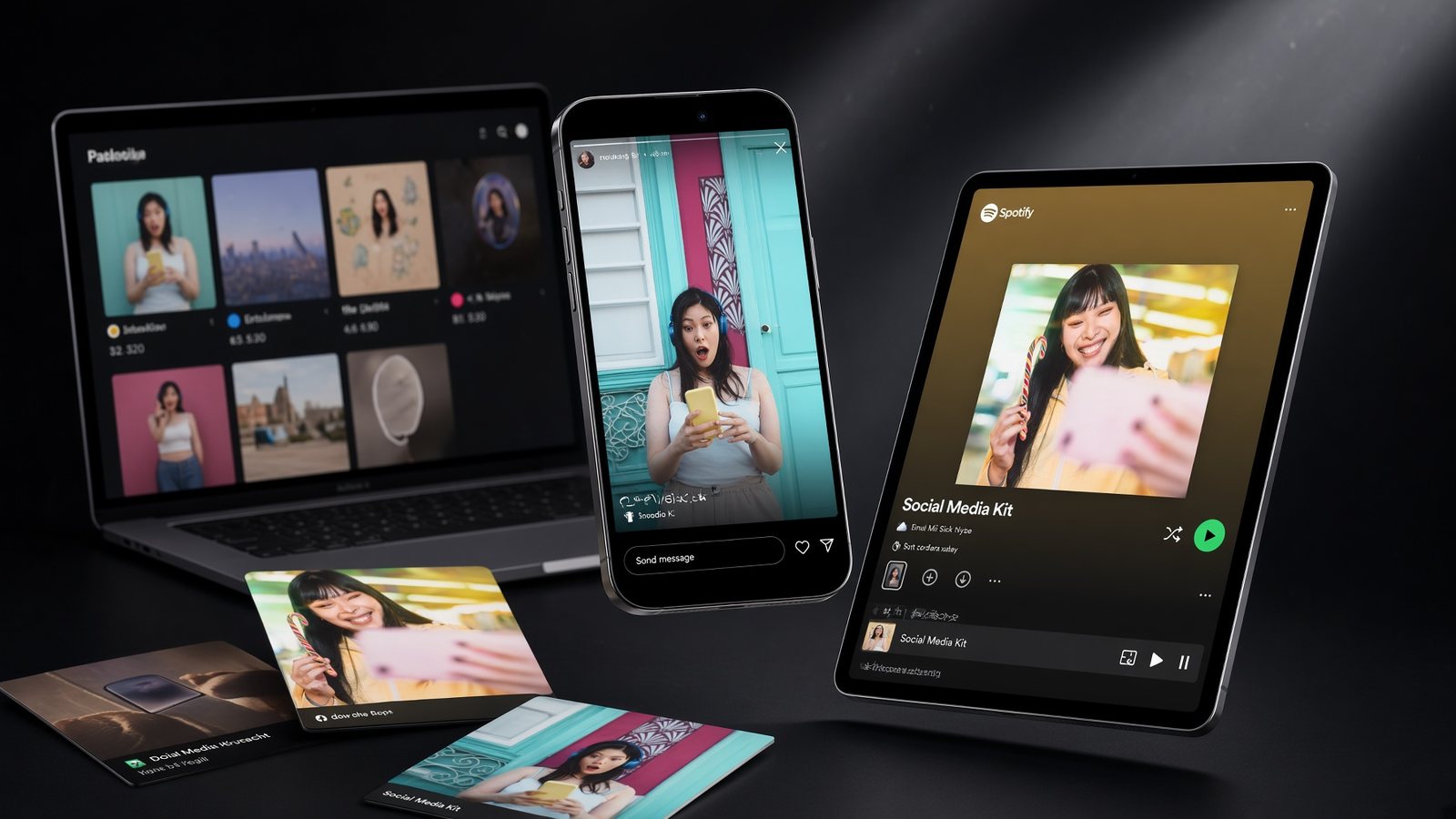 The same release shown on a laptop feed, a phone story and a streaming app, next to printed post templates.