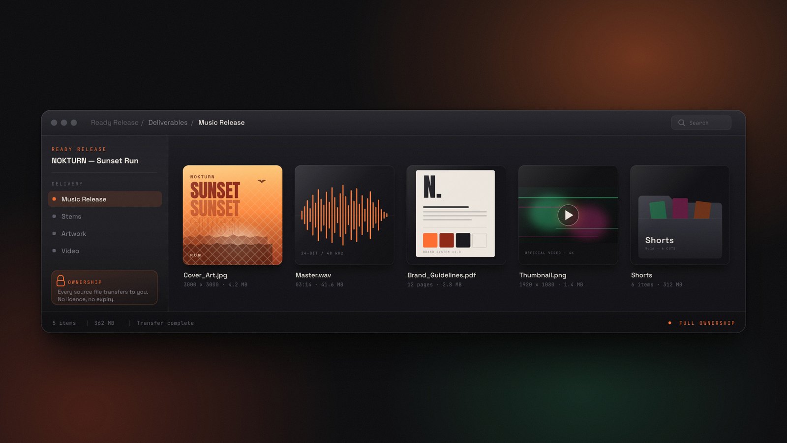 A delivery window listing the release files — cover art, master, brand guidelines, thumbnail and shorts — marked as full ownership.