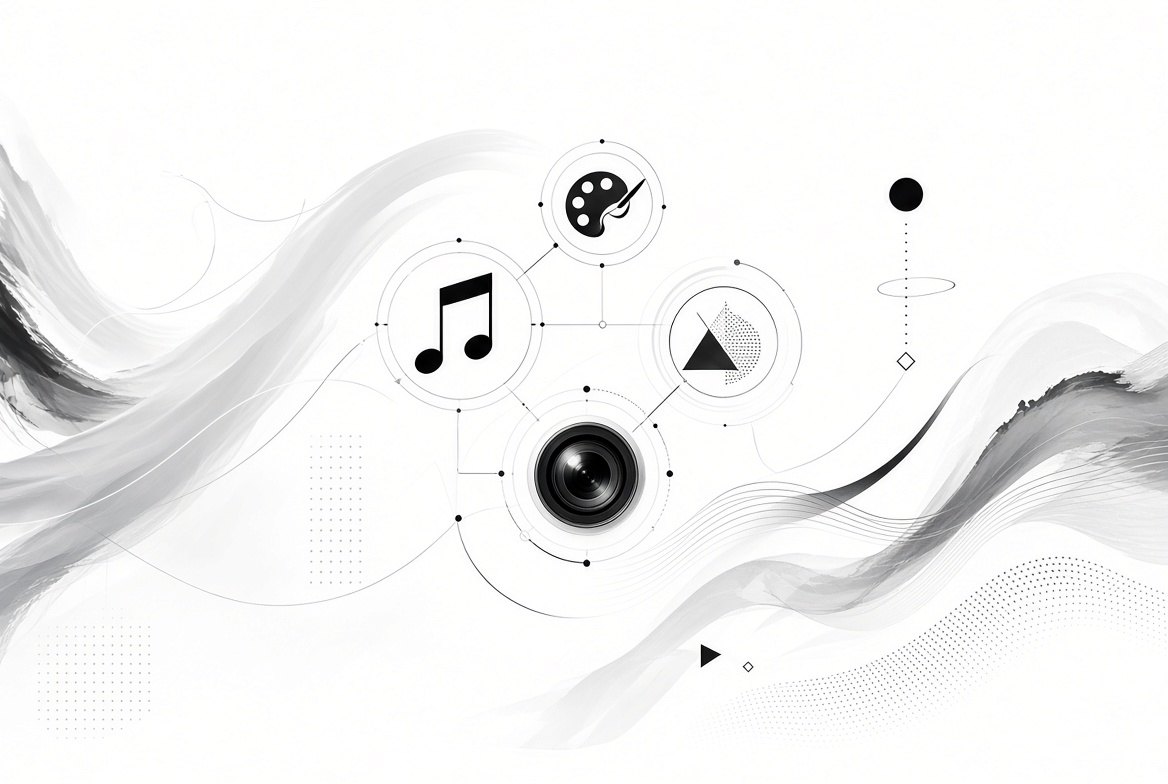Ink drawing: a camera lens, a music note and a painter&rsquo;s palette linked by thin circles and lines, carried by soft grey waves.