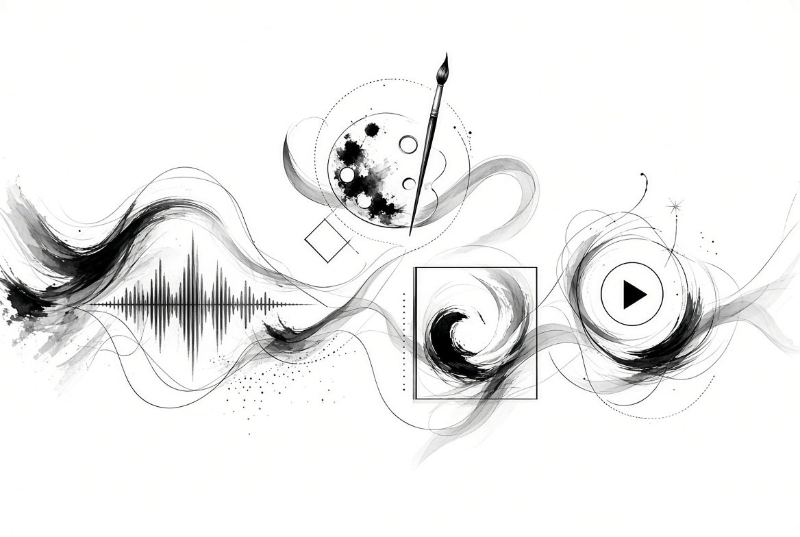 Ink drawing: an audio waveform, a palette and brush, a framed brush swirl and a play button, connected by flowing ink.