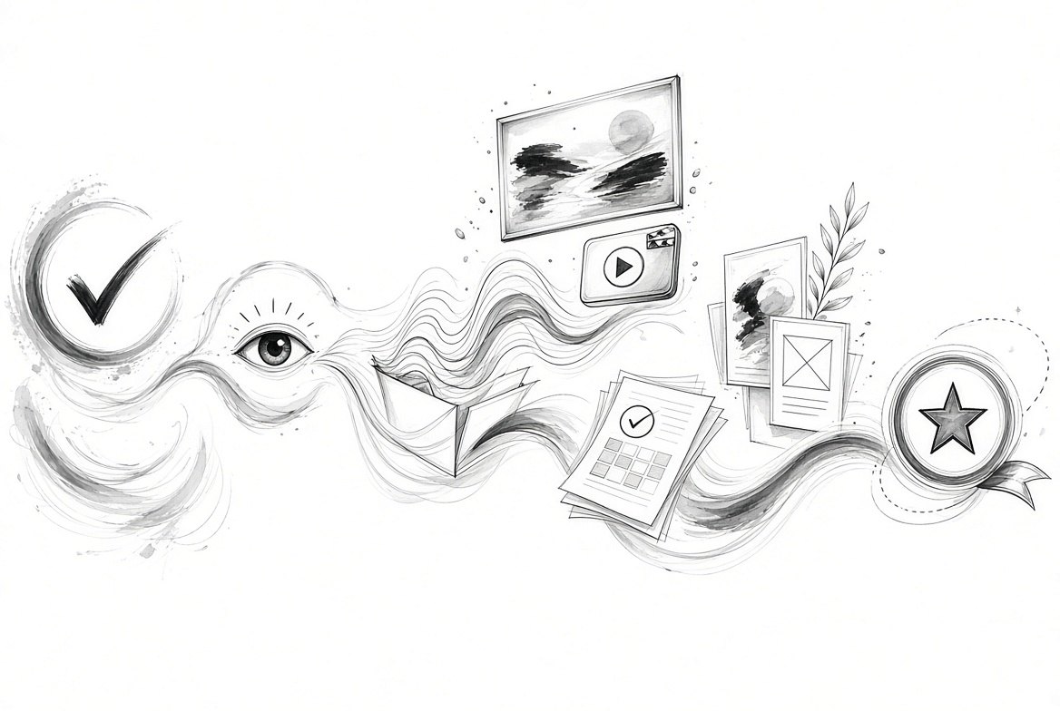 Ink drawing: a checkmark, an eye, an opened package, checklists, a picture frame, a video icon and a star badge, carried by flowing waves.