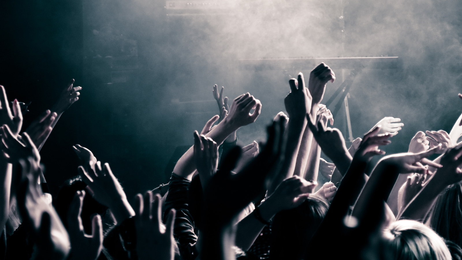 A crowd at a concert, arms raised in the stage light.